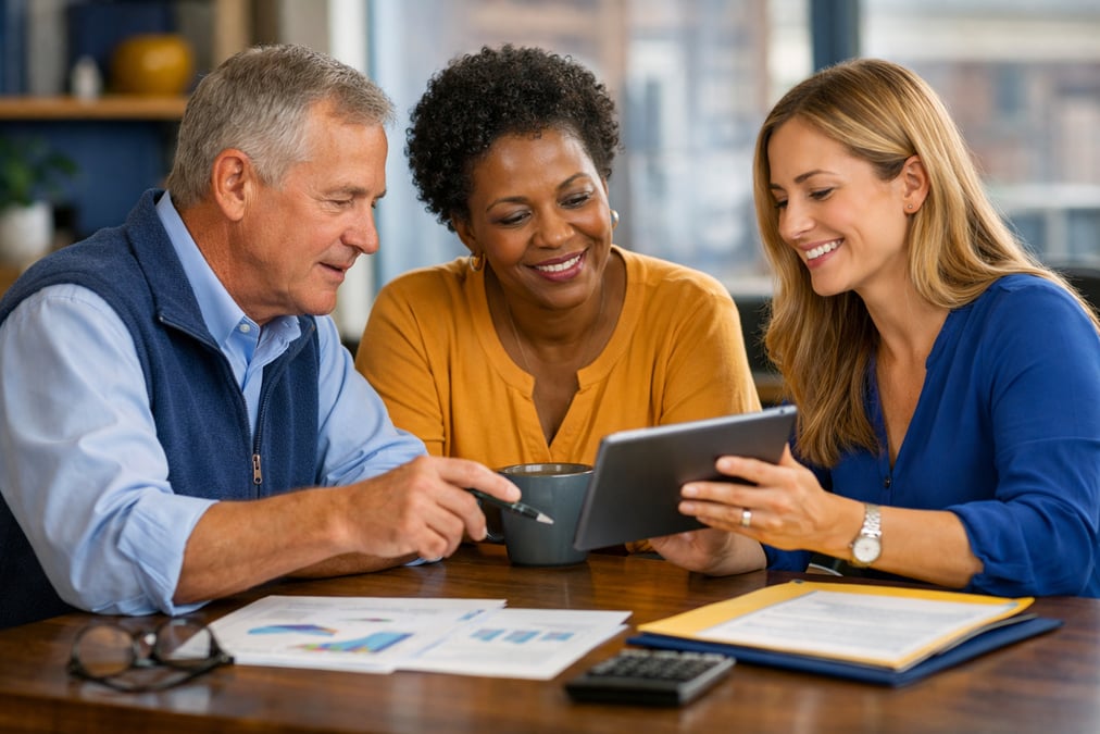 Couple in their 40s reviewing retirement account statements at a dining table