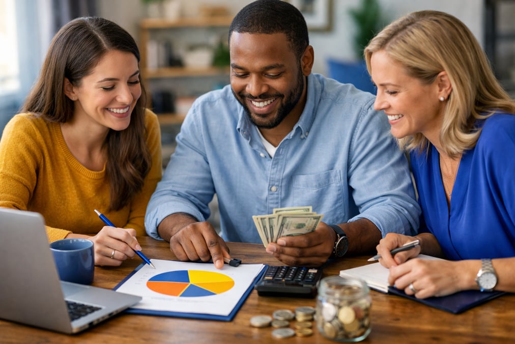 Man sorting cash into labeled envelopes for different expense categories
