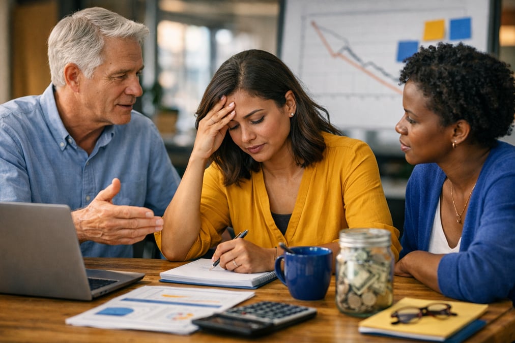 Young professional preparing for a job interview at a coffee shop with notes in their apartment living room