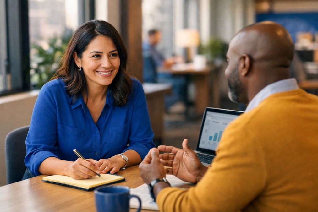Professional rehearsing a pitch in front of a bathroom mirror before work sitting at a park bench with a laptop