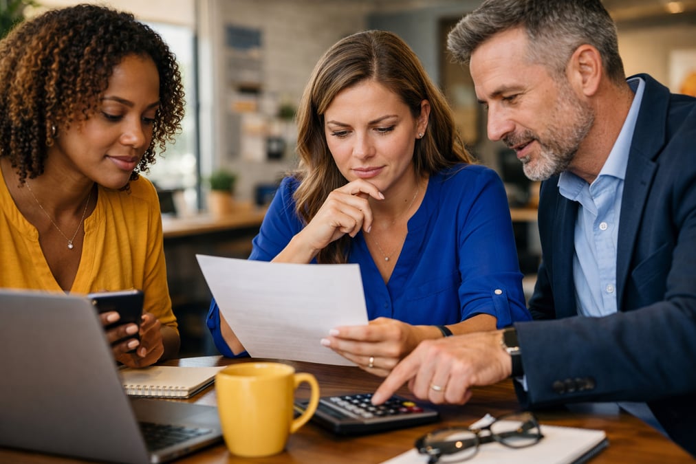 Man reviewing salary data on a phone before walking into an office building on their back porch in the evening