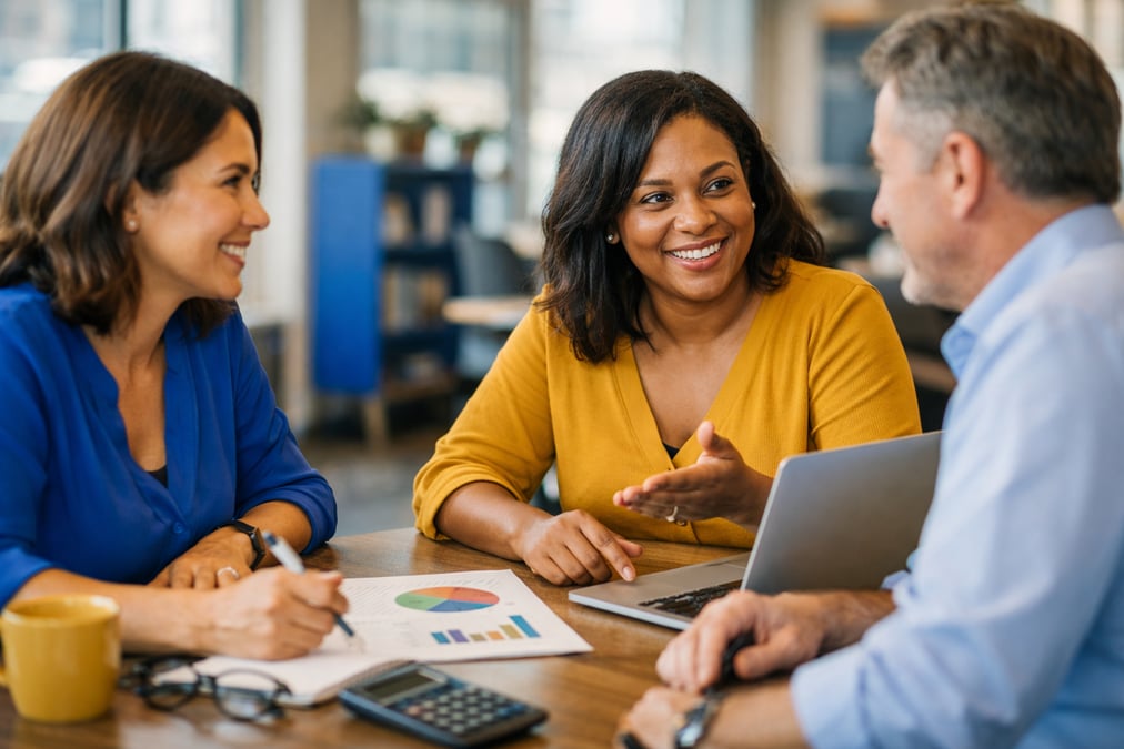 Person organizing work accomplishments in a digital folder on a tablet with a notepad and pen beside them