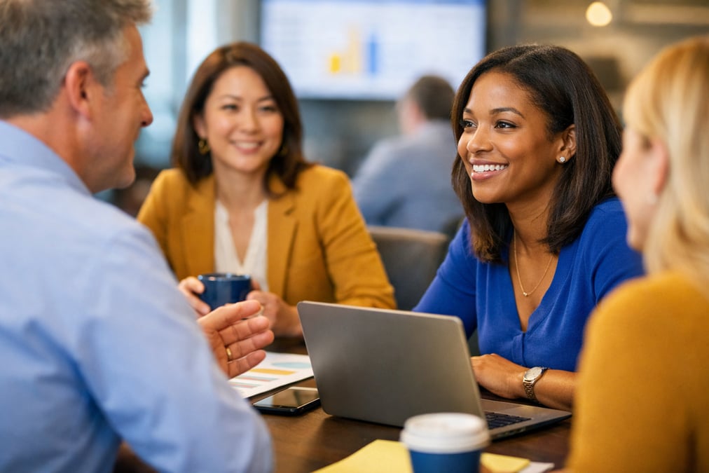 Young professional preparing for a job interview at a coffee shop with notes during a lunch break at work