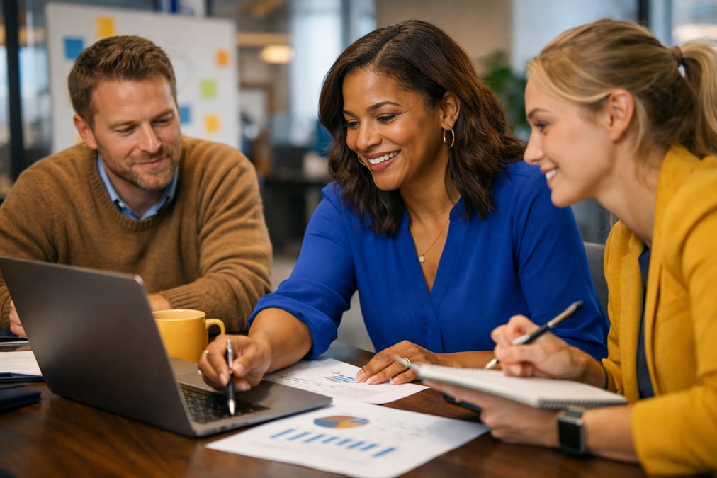 Woman updating her resume on a laptop at a quiet library corner with natural window light
