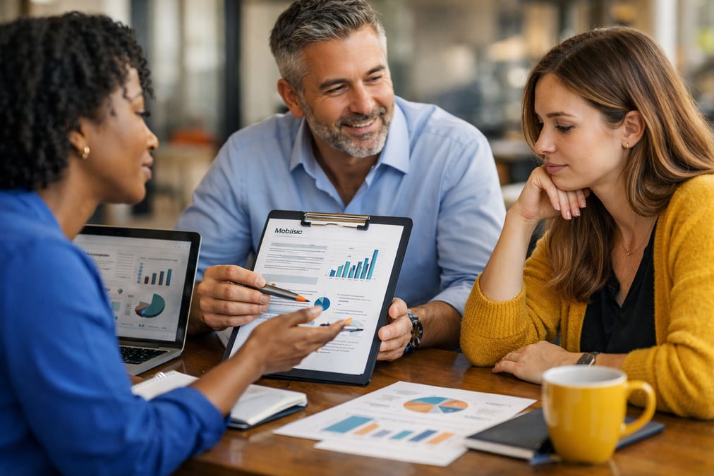 Woman reviewing ETF performance on a tablet during a lunch break