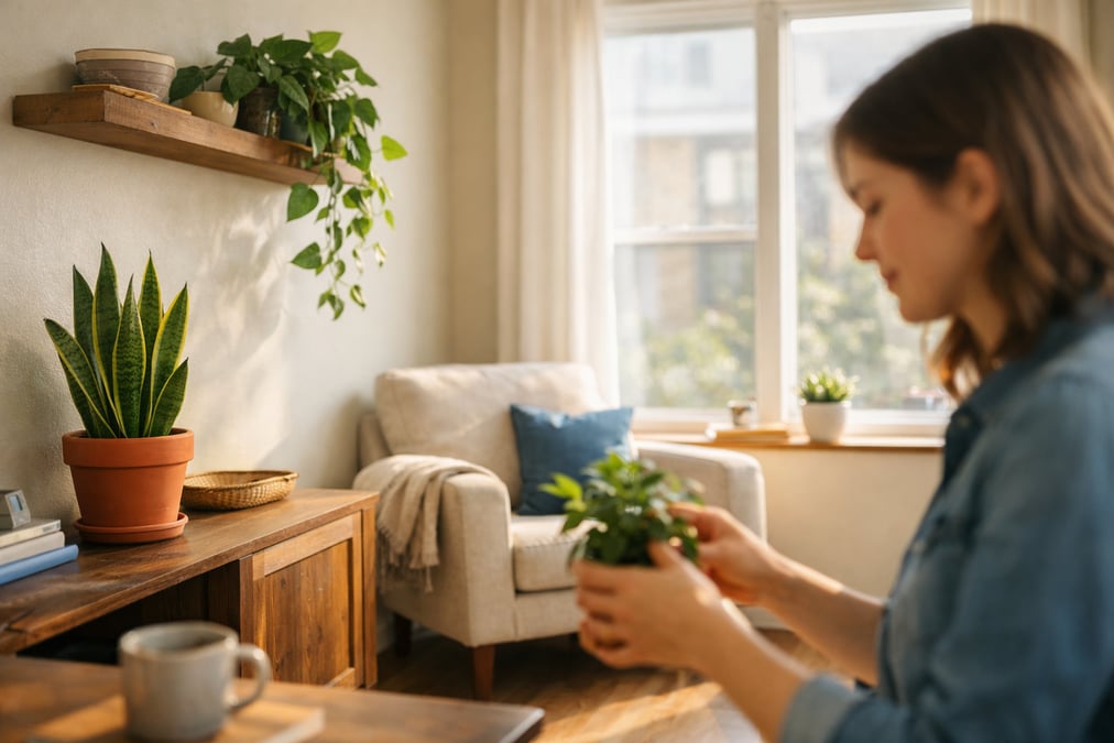 A bright apartment living room with a snake plant in a terracotta pot on a sideboard, a pothos trailing from a shelf, and soft morning light coming through a large window