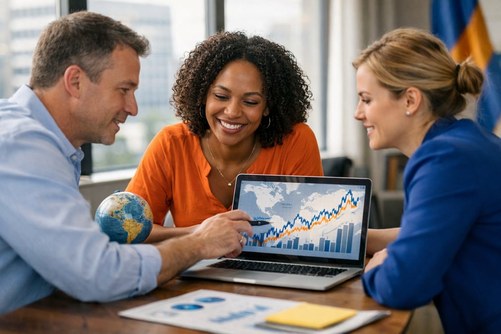 Investor comparing fund fact sheets printed on A4 paper at a library on their back porch in the evening
