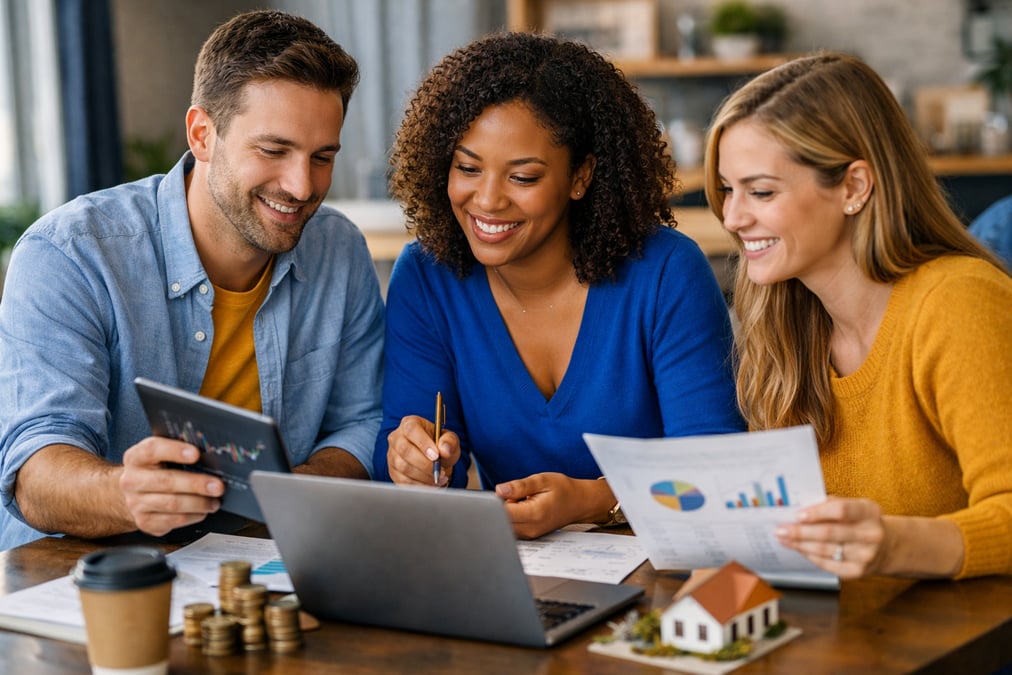 Investor comparing fund fact sheets printed on A4 paper at a library on their back porch in the evening