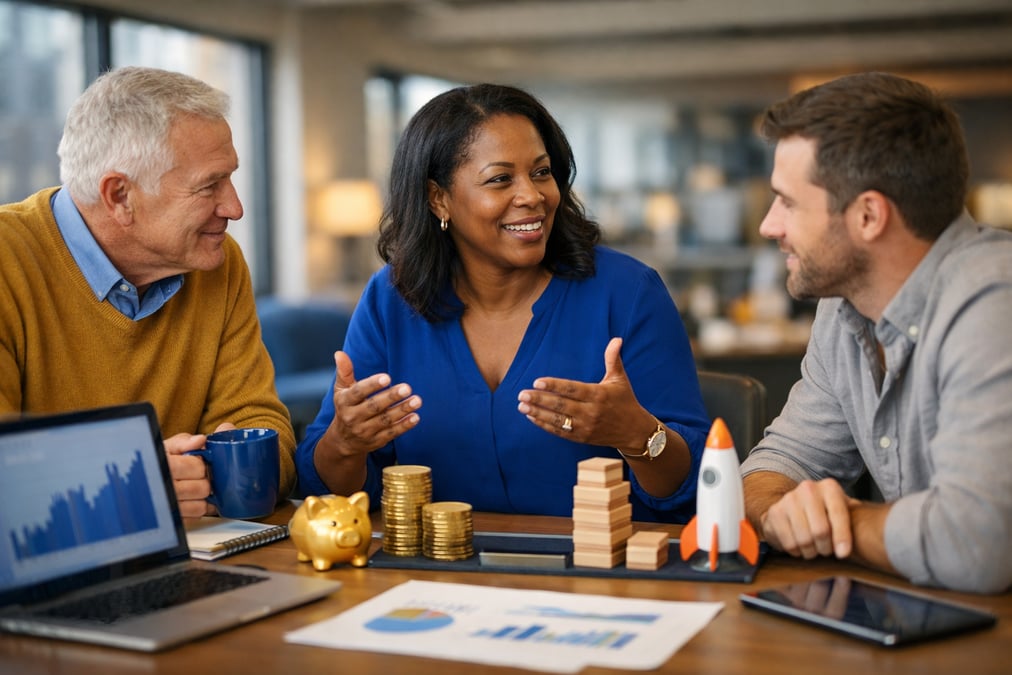 Investor comparing fund fact sheets printed on A4 paper at a library on their back porch in the evening