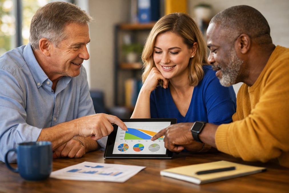 Investor comparing fund fact sheets printed on A4 paper at a library on their back porch in the evening