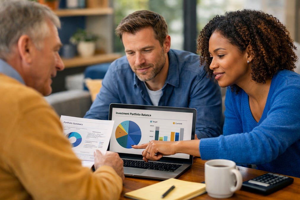 Investor comparing fund fact sheets printed on A4 paper at a library on their back porch in the evening