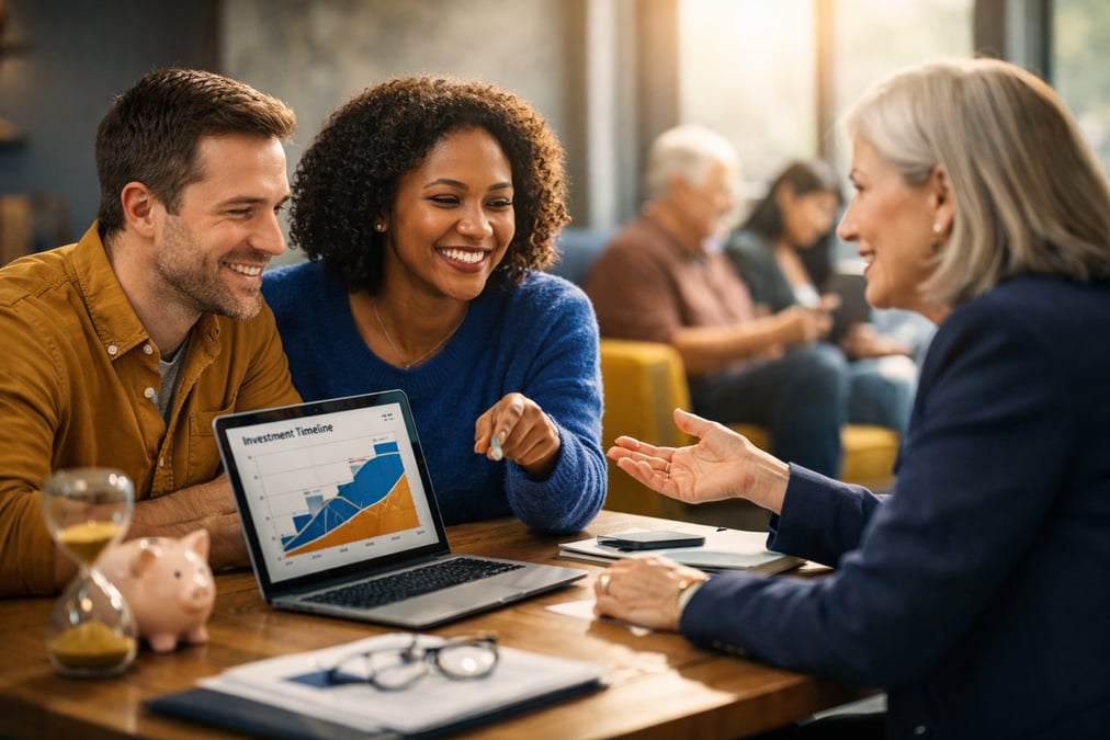 Investor comparing fund fact sheets printed on A4 paper at a library on their back porch in the evening