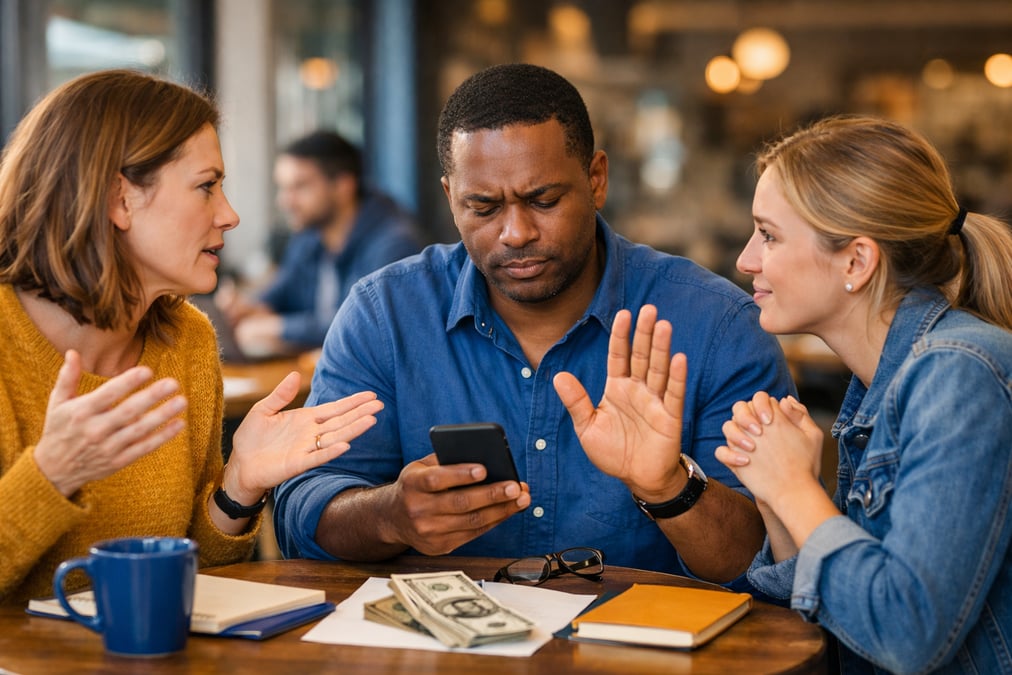 Man sorting cash into labeled envelopes for different expense categories with natural window light