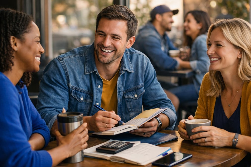 Person doing a closet declutter with donation bags on a bedroom floor with a planner open beside their laptop
