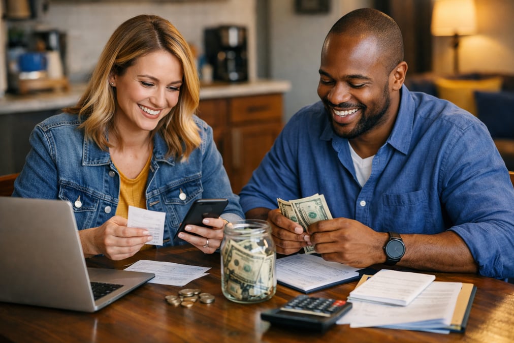 Man sorting cash into labeled envelopes for different expense categories on a quiet Sunday afternoon