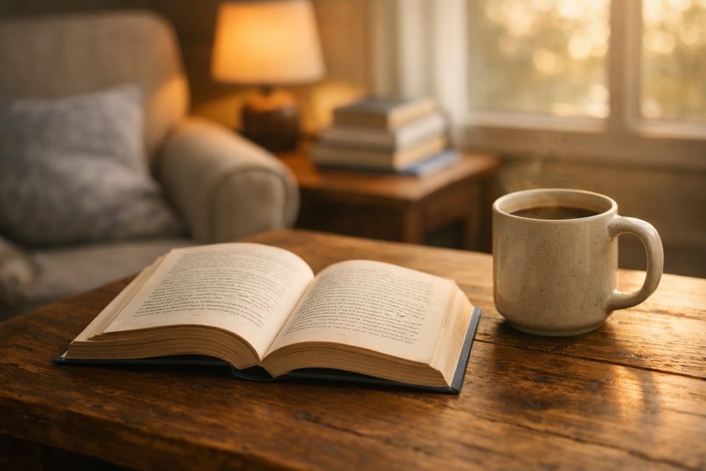 A worn paperback book open on a kitchen table next to a coffee mug and a window with afternoon light, no screens in sight