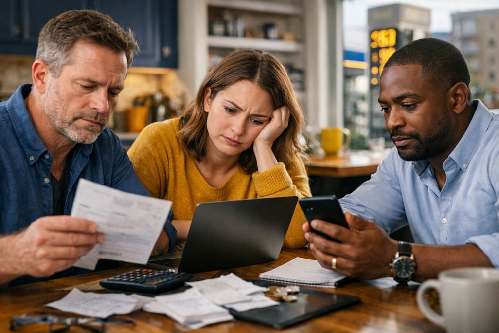 Woman writing monthly budget categories in a spiral notebook with colored pens sitting at a park bench with a laptop