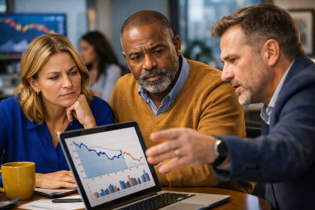 Woman calculating real purchasing power on a calculator next to a laptop