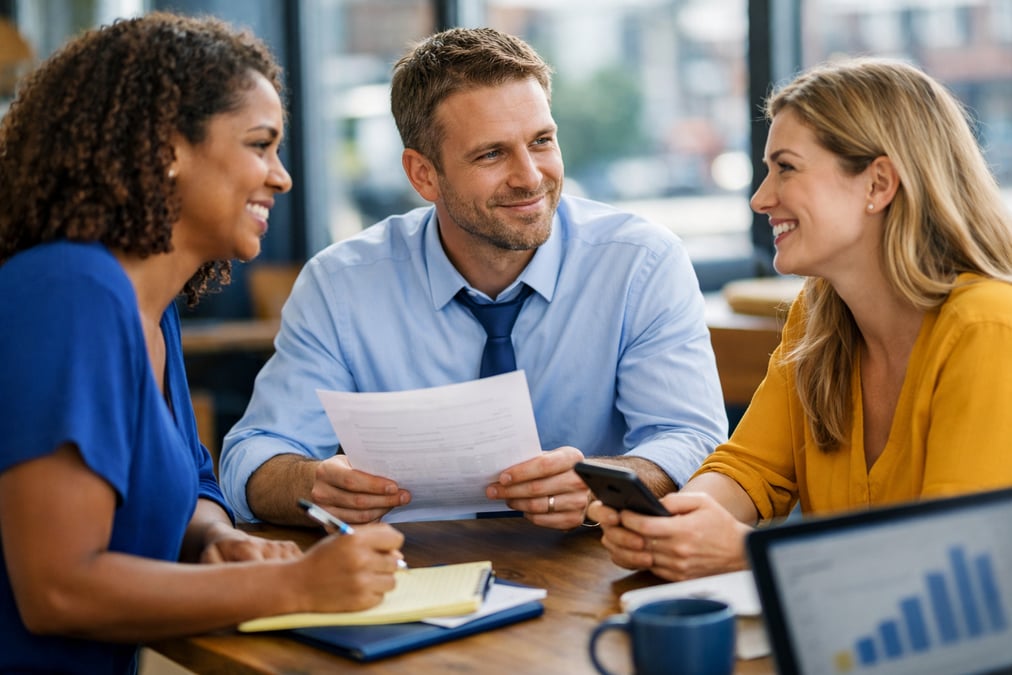 Man reviewing salary data on a phone before walking into an office building on public transit with their phone