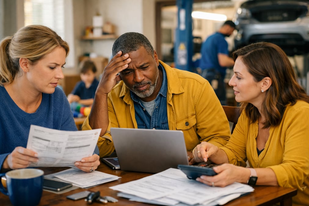Couple discussing rising rent costs while looking at apartment listings online