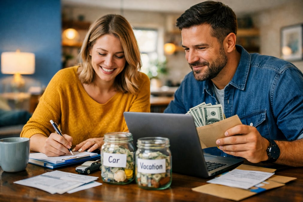 Person using a budgeting app on their phone while reviewing grocery receipts with a planner open beside their laptop