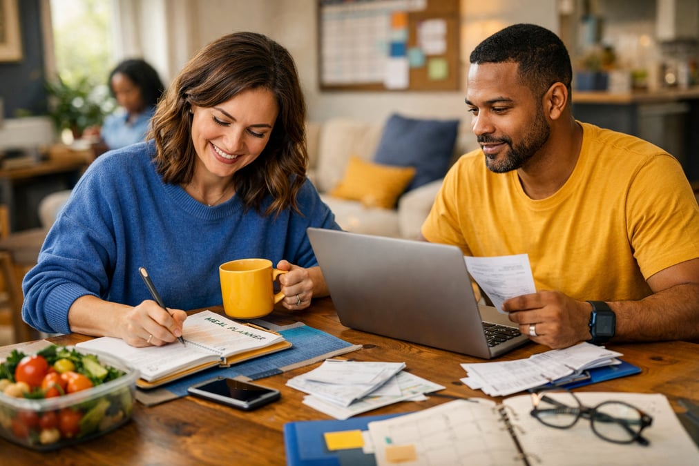 Woman organizing her weekly meal prep containers on a countertop on a quiet Sunday afternoon