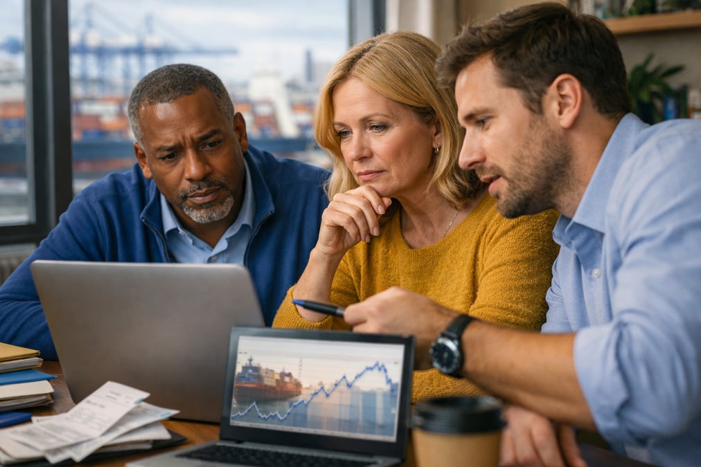 Man reviewing utility bill increases on printed statements at a desk after getting home from work