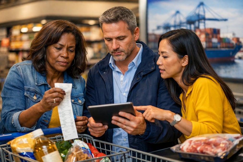 Couple discussing rising rent costs while looking at apartment listings online in their apartment living room