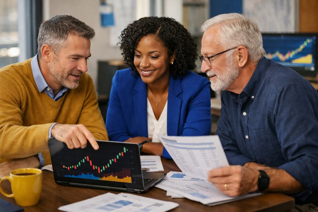 Person organizing tax documents in folders on a dining table in spring sitting at a park bench with a laptop