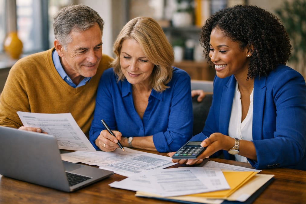 Woman reviewing IRA contribution limits on a government website wearing headphones at a library
