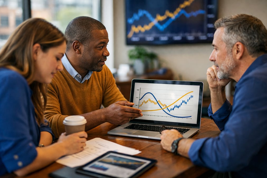 Young professional tracking weekly expenses in a spreadsheet at a cafe with a notepad and pen beside them