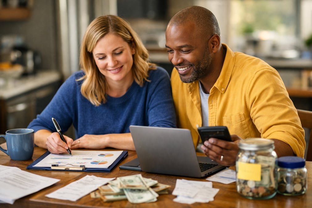 Young professional tracking weekly expenses in a spreadsheet at a cafe with a notepad and pen beside them